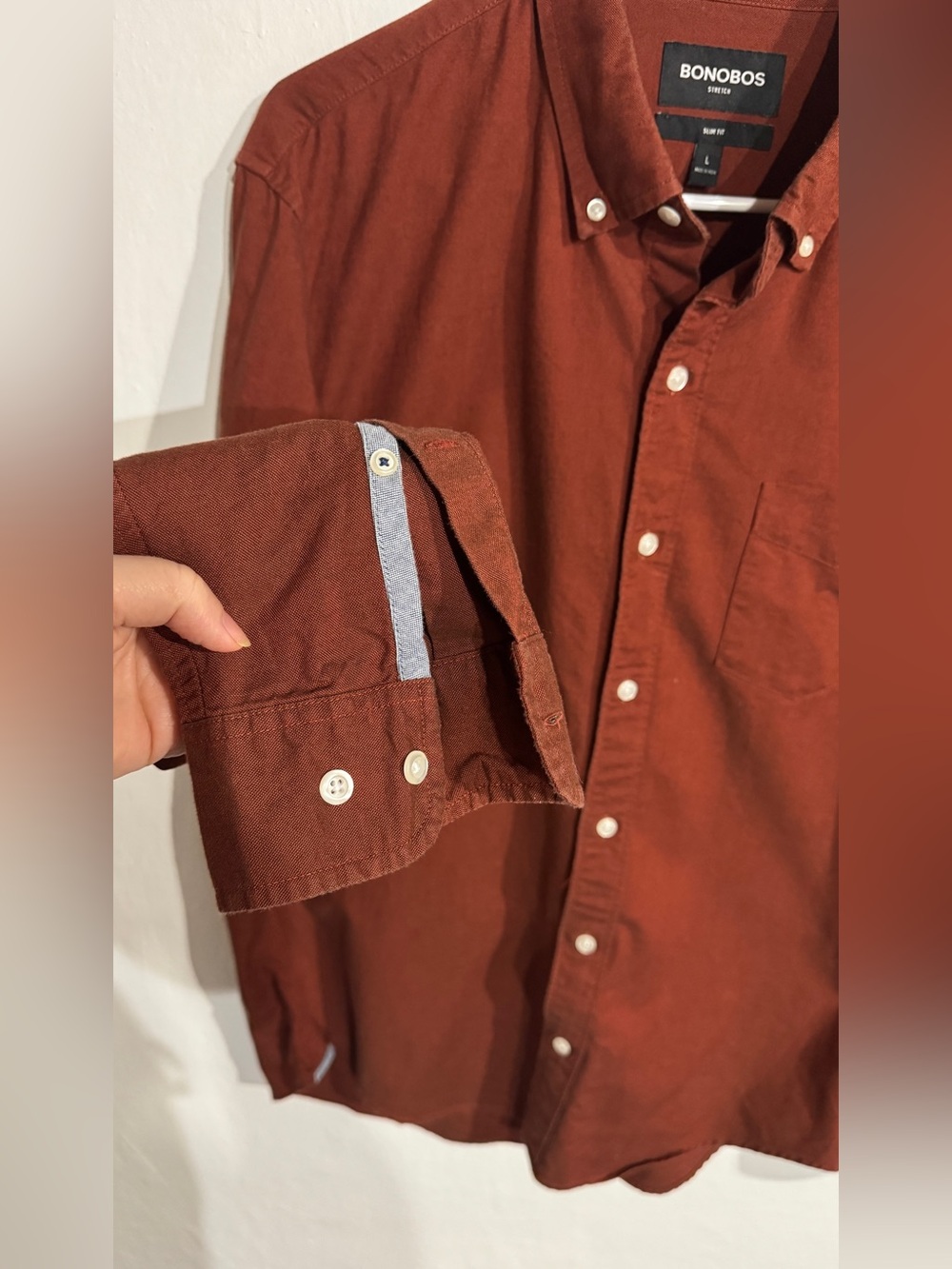 BONOBOS RUST SLIM STRETCH BUTTON UP SHIRT large - Picture 3 of 6